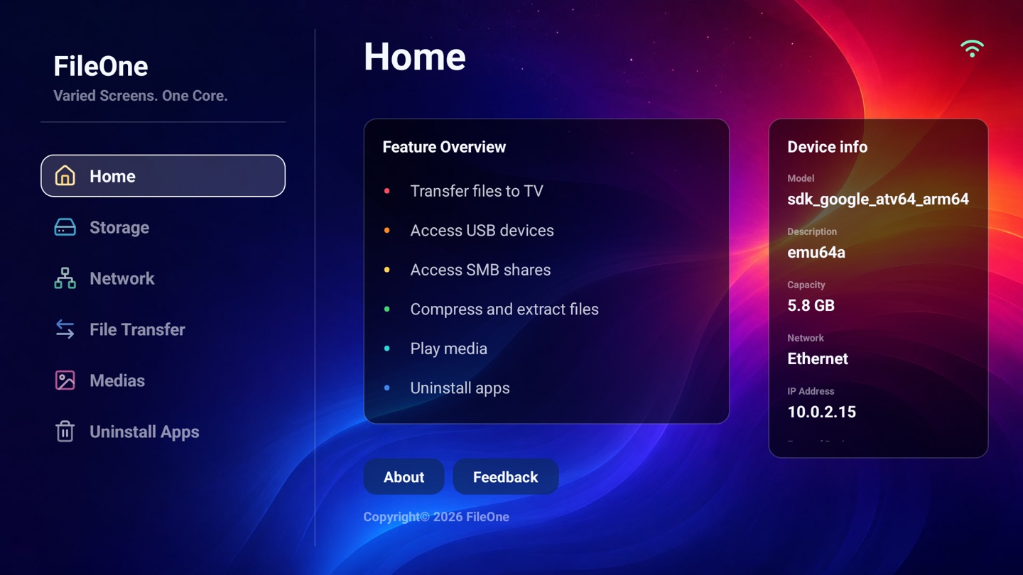 FileOne en un televisor mostrando la pantalla de inicio, información del dispositivo y resumen de funciones